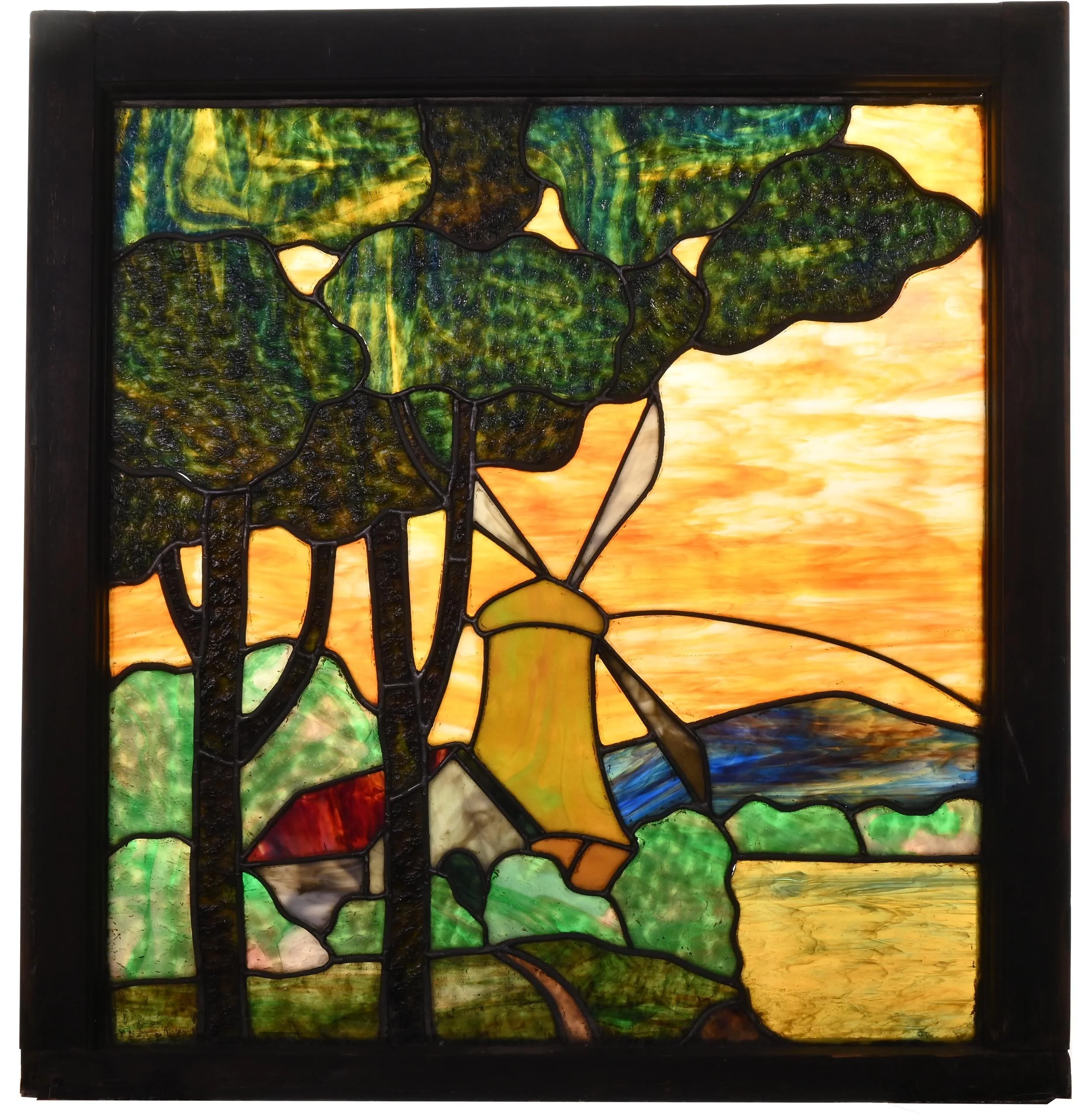 【希少】ヴィンテージ ART glass STENHYTAA W.W. arts & craft wooded landscape double hung window set by witte 工芸品